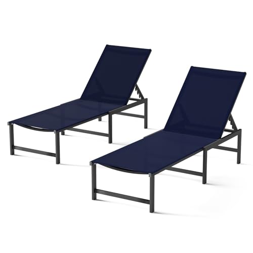 Aluminum Outdoor Chaise Lounge, 5Position Textilene Chair,Navy Blue | Rust-proof aluminum frame; UV quick-dry Textilene mesh; 5-position recliner; supports 400 lbs, built-in armrests - color: Navyblue, size: 2 Chairs