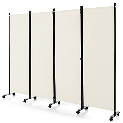 GOFLAME 4 Panel Folding Room Divider, 6FT Rolling Privacy Screen with Lockable Wheels, Portable Room Partition Screen, Freestanding Wall Divider and Separator for Home Office, White - color: White, size: 4-Panel