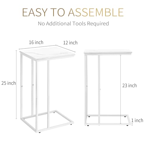 Possile C Shaped End Table Set of 2 for Sofa and Bed, Slide Under Couch Tables, Side Table With Faux Marble Top, Small Under Table Tray for Living Room, Bedroom, White - color: White