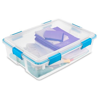 Sterilite Gasket Storage Box with Lids for Home & Office, 37 Quart, 12-Pack | Heavy-Duty, Stackable, and Organizing Containers for Bathroom, Cabinet, Closet, and Garage, Clear and Blue Aquarium Latches - size: 37 Quart, style: 12 Pack