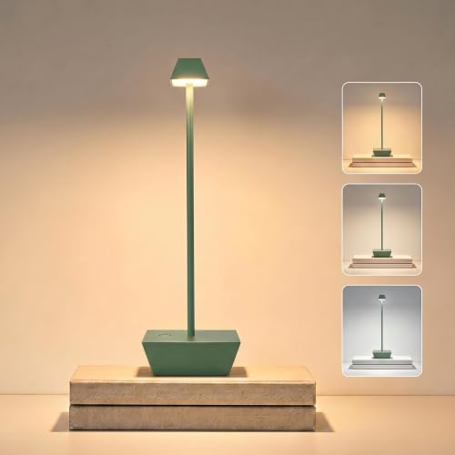 Modern Cordless Table Lamp Rechargeable, 6000mAh Battery Operated, Touch Control 3 Color Stepless Dimming, Waterproof LED Wireless Desk Lamp for Restaurant, Bedroom, Kitchen, Outdoor Camping, Bathroom - color: T1005-Green, size: 1pack