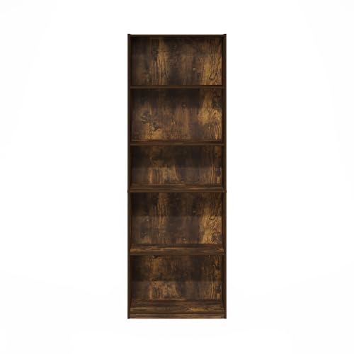 Furinno GEHRY Book Shelf, 5-Tier Bookshelf with Open Shelf, Standing Bookcase with Adjustable Shelves, 11.6 x 24.8 x 71.4, for Living Room, Bedroom, Home Office, Amber Pine - color: Amber Pine, size: 5-Tier, 11.6 x 25 x 71.4