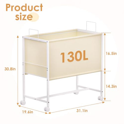 Rolling Laundry Basket with Wheels,Large Capacity Laundry Basket Cart | 130L Fabric Clothes Hamper Organizer Cart for Laundry Room Bedroom Bathroom Dorm,White - style: Large Oblong Cloth Bag—White