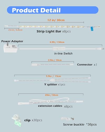 Under Cabinet Lighting, (8) Linkable 12-Inch Flexible LED Light Strips Kit, 20W 2000lm Daylight White, Durable LED Lights for Bookcases, Cabinets, Pantries, Showcase, Closet (Warm White) - color: Warm White