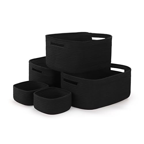 5-Pack Large Woven Rope Storage Baskets, 2 Sizes Organizer Bins | Fabric Cube Boxes and Rectangular Shallow Bins for Closet, Shelf, Bookshelf, Nursery, Changing Table, Bathroom, Toys & Home - color: black, size: 3pcs-16.92*12.99*7.08'' & 2pcs-7.08*7.08*3.
