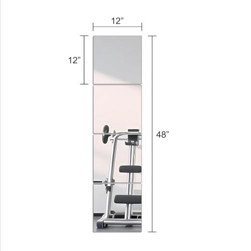 Glass Full Length Wall Mirror Tiles, 12" x 12" x 4PCS Home Gym Mirror | Frameless Wall Mounted Mirror for Garage, Bedroom, Living Room, Over The Door - size: 12"x12"-4pcs