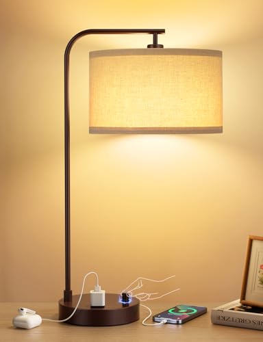 Innqoo Brown Table Lamp for Bedroom with USB Port and Outlet, Dimmable Nightstand Bedside Lamps with Linen Lampshade, Desk Lamp for Home Office, Living Room, Guest Room, LED Bulb Included - color: E-Beige Shade & Brown Base