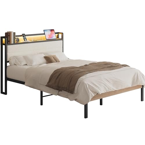 LIKIMIO Full Bed Frame with Headboard, LED Lights and Charging Station | Upholstered sherpa storage headboard with LED & charger; heavy-duty slats; noise-free; modern elegance; natural and cream - color: Natural and Cream, size: Full