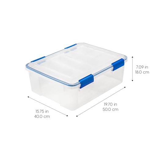 IRIS USA 3-Pack 26.5 Qt Storage Bins with Gasket Lids, Clear/Blue | WeatherPro seal protects everyday essentials in closets, offices and laundry rooms - size: 27 Qt. - 3 Pack