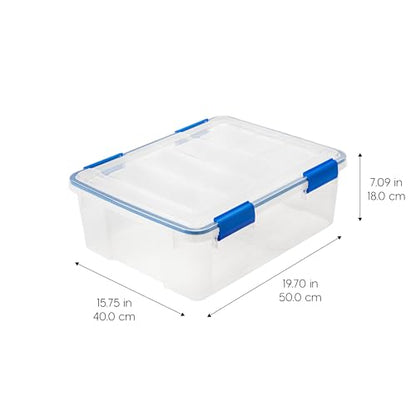 IRIS USA 3-Pack 26.5 Qt Storage Bins with Gasket Lids, Clear/Blue | WeatherPro seal protects everyday essentials in closets, offices and laundry rooms - size: 27 Qt. - 3 Pack