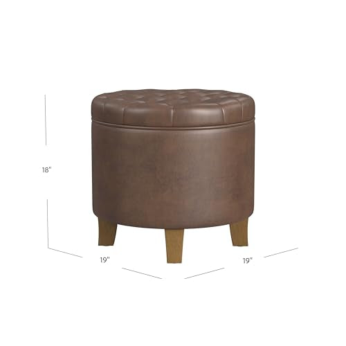 HomePop 19" Faux Leather Button Tufted Round Storage Ottoman - Brown - color: Brown Faux Leather