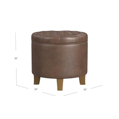 HomePop 19" Faux Leather Button Tufted Round Storage Ottoman - Brown - color: Brown Faux Leather