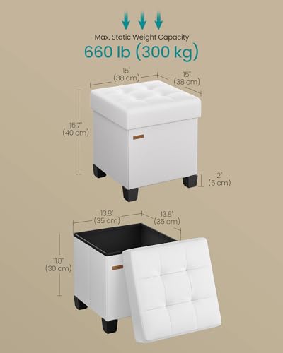SONGMICS Storage Ottoman, Cube Ottoman with Legs, 15 x 15 x 15.7 Inches, Footstool, Footrest, 10 Gal. (37 L), Synthetic Leather, for Bedroom, Living Room, Dorm, Cloud White ULSF0512W02 - color: Cloud White