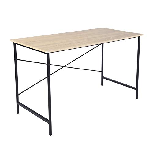 Modern Computer Desk with Light Wood Top, 47.2" x 23.6" Writing Table, Black Metal Frame with Cross Brace, Minimalist Home Office Desk for Study or Workstation or Entryway