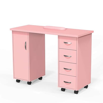 OmySalon Manicure Table Nail Desk with Cabinet, Drawers, Wheels & Wrist Rest, Spa Salon Beauty Home Wooden Technician Workstation for Nail Tech, Pink - color: Pink