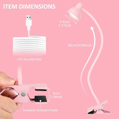 LiFMIRA Pink Small Desk Lamp Clip on LED Reading Light for Bed | 3 Color Modes 10 Dimmable Brightness, Book in Bed Headboard, Flexible Reading Lamp with Clamp BL08 - color: Pink