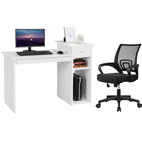 Yaheetech White Computer Desk and Chair Set with Drawer, Shelves, Mesh Seat | Particle Board and MDF Build a Sturdy Desk with a Drawer and Elevated Platform, Paired with a Mesh Chair for Adults. - color: White