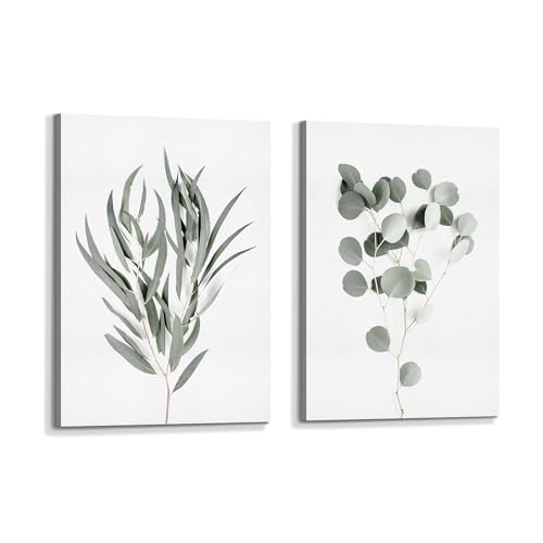 Plant Canvas Wall Art Picture: Leaf Print Decor Boho Sage Green Eucalyptus Botanical Painting 2 Piece Vertical Bedroom Bathroom Room Minimalist Artwork - color: Eucalyptus Leaf, size: 11"x16"x2Pcs