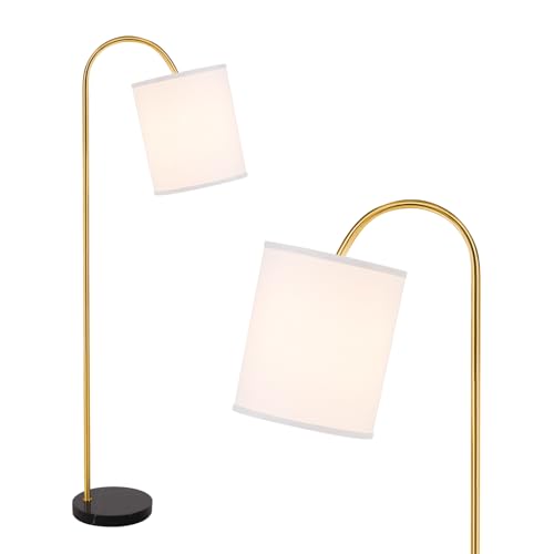 IGLU Living Phoebe Arc Floor Lamp - Low Height Arc Design, 13”H Oversized Fabric Drum Shade, Heavy Marble Base, Foot Switch - Modern Floor Lamp for Living Room, Bedroom, Office (Brass)