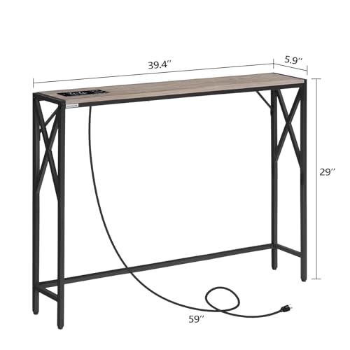 MAHANCRIS 5.9" Narrow Sofa Table with Charging Station, 39.4 Behind Couch Table with Outlet, Slim Entryway Console Table, Small Space, for Hallway, Living Room, Foyer, Greige CTHG151E01 - color: Greige, Black