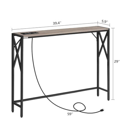 MAHANCRIS 5.9" Narrow Sofa Table with Charging Station, 39.4 Behind Couch Table with Outlet, Slim Entryway Console Table, Small Space, for Hallway, Living Room, Foyer, Greige CTHG151E01 - color: Greige, Black