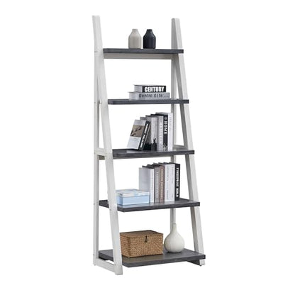 5-Tier Shelves,Bookshelf, Storage Rack, Bookcase with Rubber Wood Frame, Ladder Shelf for Living Room, Home Office, Kitchen, Bedroom, Apartmen (Grey+White 5-Tier)