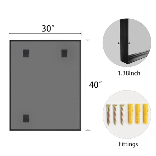 40x30 Black Bathroom Mirrors for Over Sink, Wall Mounted Bathroom Vanity Mirror, HD Distortion-Free Tempered Glass, Anti-Rust Brushed Matte Aluminum Alloy Frame, Horizontal or Vertical Hanging - size: 40"L x 30"W