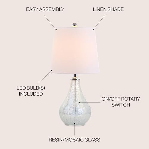 JONATHAN Y Mona Coastal Mini LED Table Lamp 20" Bedside, Mosaic White | Linen Tapered Drum Shade, Glass Body, On-Off Rotary Switch, LED Bulb Included - color: White
