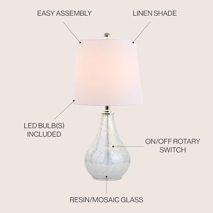 JONATHAN Y Mona Coastal Mini LED Table Lamp 20" Bedside, Mosaic White | Linen Tapered Drum Shade, Glass Body, On-Off Rotary Switch, LED Bulb Included - color: White