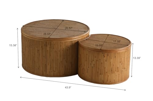 43.89'' Round Rattan Nesting Coffee Table with Flip-Top Storage Set of 2, Modern Vintage Retro Wood Circle Crescent Side End Table for Living Room, No Assembly, Natural - color: 43.89in-natural