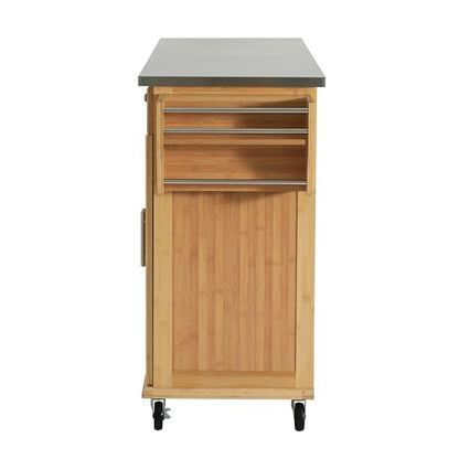 Christopher Knight Home Tredy Bamboo Rolling Cart with Drawers, Kitchen Bar Cart on Wheels with Stainless Steel Top, Rolling Kitchen Cart Storage Cabinet, Serving Cart, 50.8'' x 18.5'', Natural - size: Medium