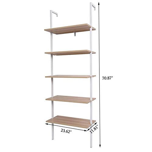 Industrial Bookcase Ladder Shelf, 5-Tier Wall Mounted Bookshelf Open Display Rack, Wood Storage Shelves for Bedroom, Home Office, Collection, Entryway and Hallway, Walnut