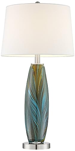 29 1/2" Tall Table Lamps Set of 2 Azure Glass Blue with Smart Sockets | Colors May Vary. Brown Modern Living Room Bedroom Bedside Nightstand House Office Home Family White Shade end - color: Blue Brown - Smart Sockets Included
