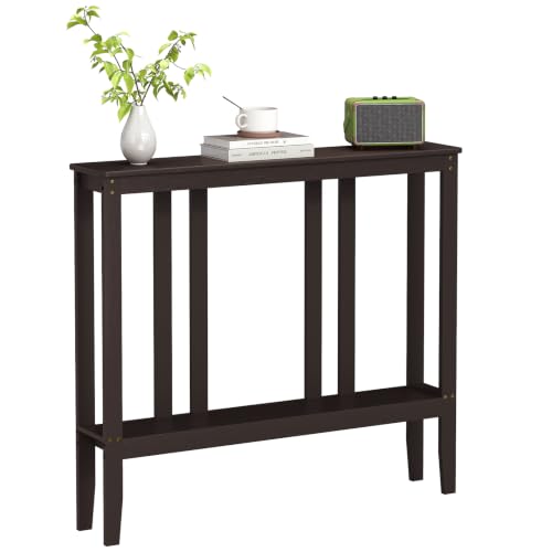 ELYKEN Bamboo 2-Tier Narrow Console Table, 36.2" Long Slim Hallway Table | Sofa Table Behind Couch with Storage Shelf for Entryway, Living Room, Foyer - color: Brown