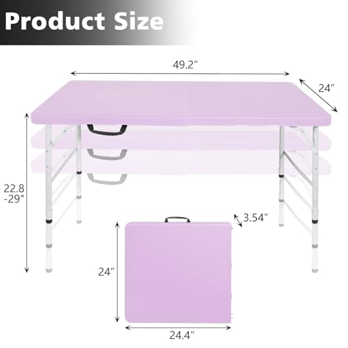 Portable 4Ft Folding Table, Heavy Duty Plastic Fold-in-Half Utility Foldable Table, Adjustable Height Plastic Folding Table with Carrying Handle for Camping &Party Indoor/Outdoor(Light Purple) - color: Light Purple, size: 4Ft