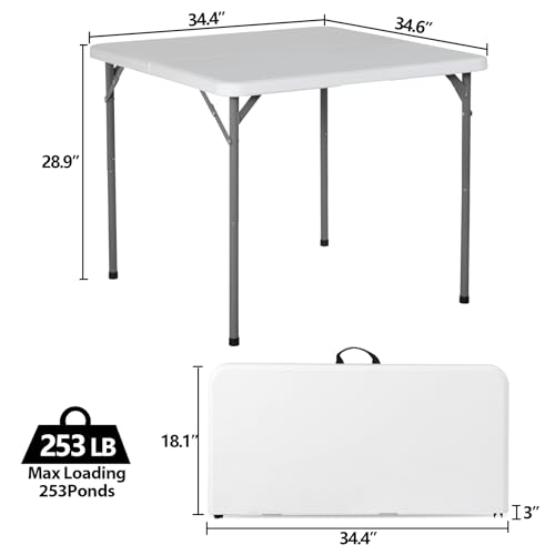 SUPER DEAL 3 Foot Square Folding Card Table, Indoor Outdoor Portable Plastic Heavy Duty Fold-in-Half Puzzles Camping Picnic Party Table with Carrying Handle, White - color: White, size: 34"x34", style: Square