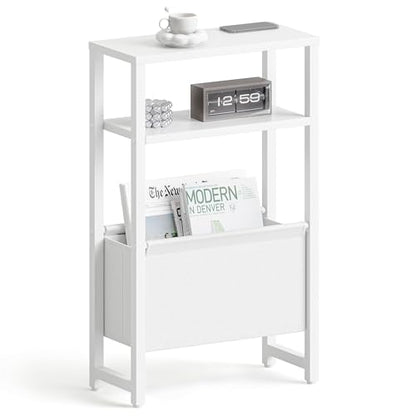 Narrow Side Table, Slim End Table with Magazine Rack, Skinny Bedside Table for Small Spaces, 3 Tier Sofa Couch Table Nightstand for Living Room, Bedroom, White LET503W - color: White, style: No Charging Station