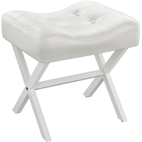 18-Inch Large Leather Vanity Stool Chair, White Makeup Stool | Vanity Bench, Metal X-Leg, 350 LBS, 20"x16.9"x18", Ottoman Accent Stool, Thick Padded Saddle Seat, For Living Room Bedroom - size: Large, style: White Leather
