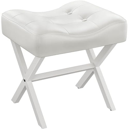 18-Inch Large Leather Vanity Stool Chair, White Makeup Stool | Vanity Bench, Metal X-Leg, 350 LBS, 20"x16.9"x18", Ottoman Accent Stool, Thick Padded Saddle Seat, For Living Room Bedroom - size: Large, style: White Leather