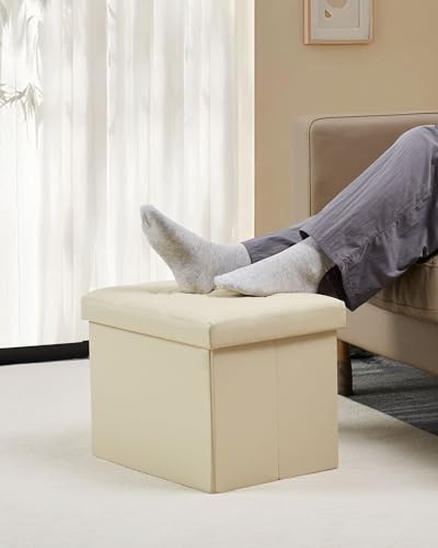 Bsketa Storage Ottoman, Folding Foot Stool with Thicker Foam Padded Seat Small Leather Storage Ottoman Bench Foot Rest for Living Room Foldable Coffee Table 17x13x13in,Beige | Ottoman with Storage, Thicker Foam Padded Seat, Living Room, Dorm, Bedroom, Loa