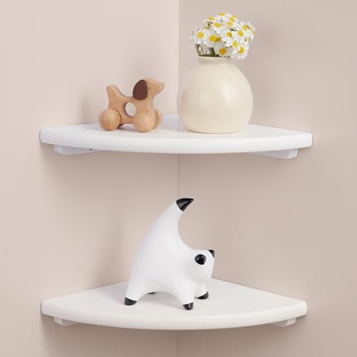 Gieanoo Floating Corner Shelves Set 2 10inch White Solid Oak Rounded Corner Shelves Wall Mounted with Cable Hole Wood Corner Hanging Shelves for Living Room Bedroom Bathroom Kitchen - color: White, size: 10in 2-Pack