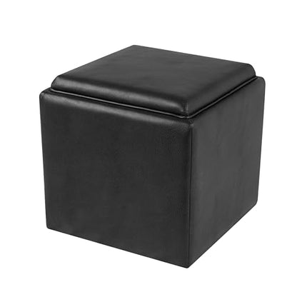 HomePop 17.5" Storage Ottoman with Tray Top - Black Faux Leather - color: Black Faux Leather