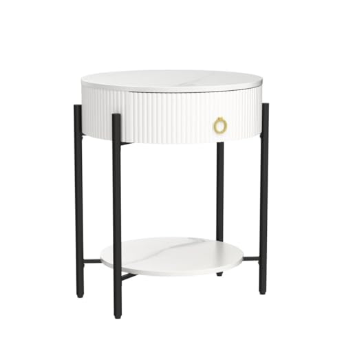 OIOG 2 Tier Nightstand, Bedside Table with Drawer, Sintered Stone/White | Round End Table, Modern Side Table, Drawer, Shelf, Metal Legs, Marbling Natural Stone, Living Room, Bedroom, Dorm, Office - color: White