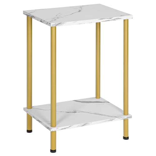 HOOBRO End Table, Small Side Table, Nightstand with 2-Layer Storage Shelves, Sofa Table for Small Spaces, Living Room, Bedroom, Stable Frame, Easy Assembly, Gold and Marble DM09BZ01 - color: Marble + Gold