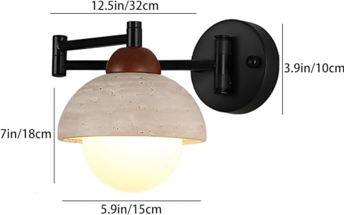 Matte Black Swing Arm Wall Sconce, Adjustable E26 Hardwired Vanity Light, Modern Travertine Lamp for Bedroom Bedside, Bathroom, Living Room