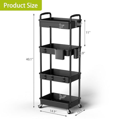 Sorgion 4 Tier Rolling Cart Organizer,Art Craft Diaper Bedside Snack Laundry Room Bathroom Organizer Narrow Thin Slim Rolling Trolley Utility Cart with Wheels for Kitchen,Office(Black) - size: 4Tier-Black