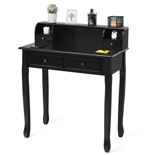 GIANTEX Writing Desk with 4 Drawers, Removable Floating Organizer 2-Tier Mission Home Computer Vanity Desk for Apartment Small Space (Black) - color: Black