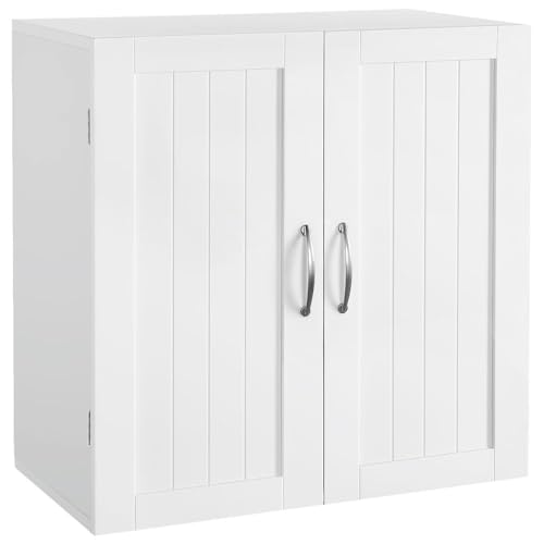 Yaheetech Wall Mounted Bathroom Storage Cabinet with Doors, Laundry, White | 3-Height Adjustable Inner Shelf, Beadboard Panels in Engineered Wood, Frees Up Floor Space over the Toilet or in Kitchens - style: 2 Doors