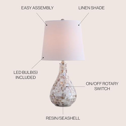 JONATHAN Y Mona Coastal Mini LED Table Lamp 20.5" Bedside, Seashell | White Linen Drum Shade, Mother Of Pearl Resin Body, On-Off Rotary Switch, LED Bulb Included - color: Seashell