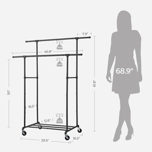 FOUCSSOMEI Heavy Duty Clothes Rack, Rolling Clothing Rack, Garment Rack with Wheels, Double Rod, Max 400Lbs, Black - size: Double Rod